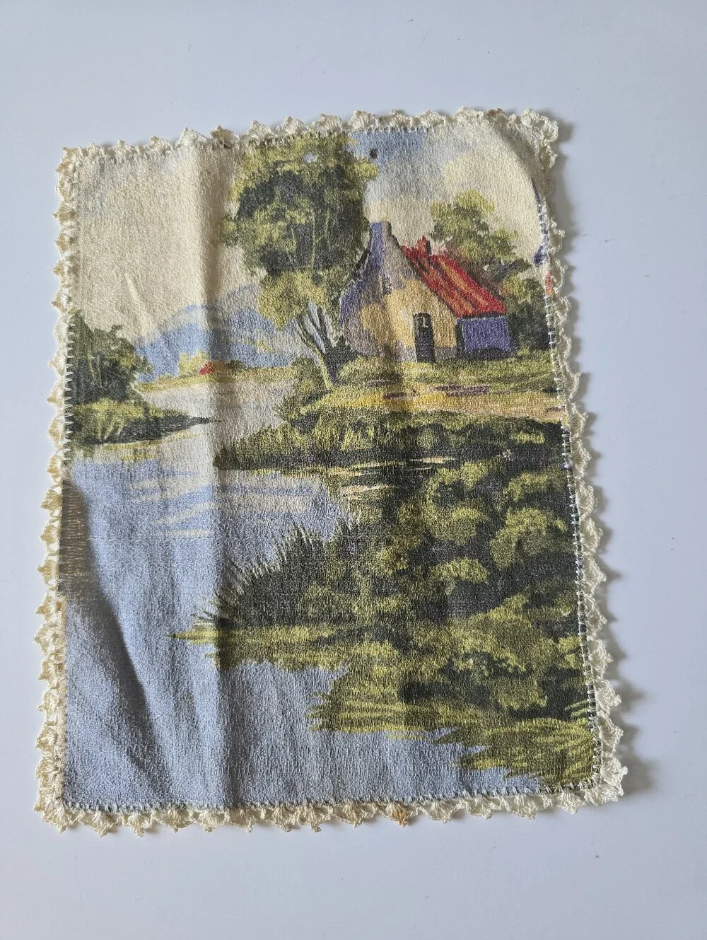Vntg Scenic Cottage Print Linen Coasters Set of 2
